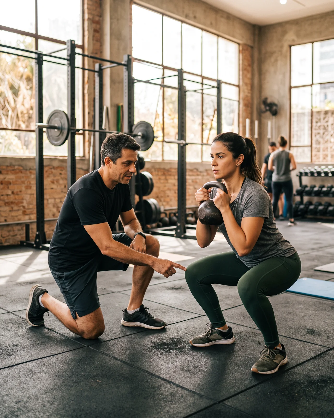 A personal trainer correcting a woman’s goblet squat with a kettlebell in a gym, made with AI