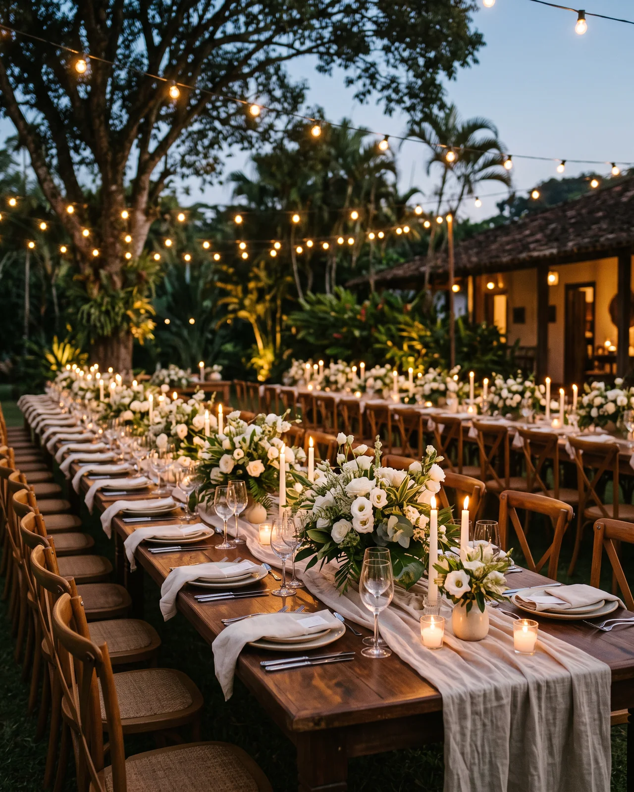 A long wedding table set with white flowers and lit candles at dusk, made with AI